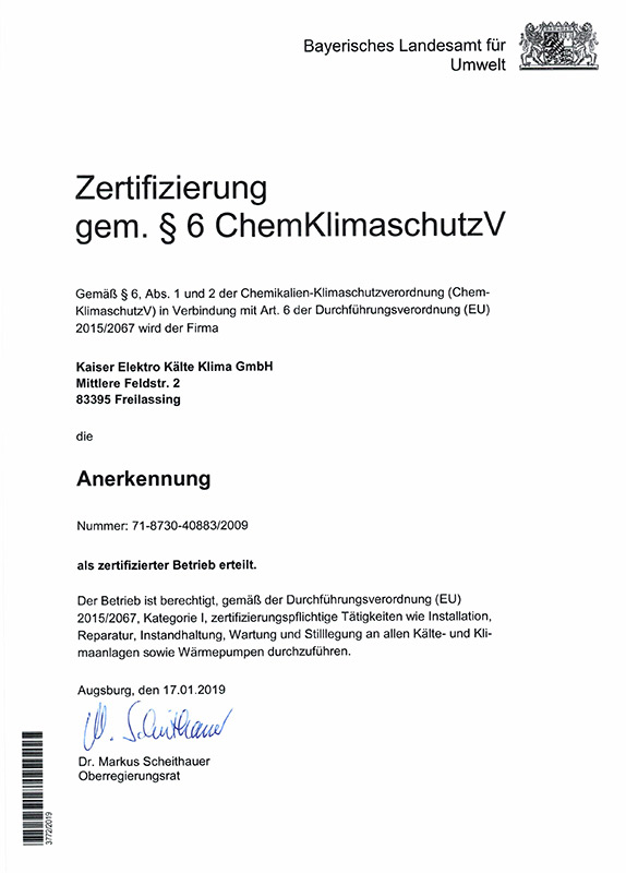 Zertifizierung gem. §6 ChemKlimaschutzV